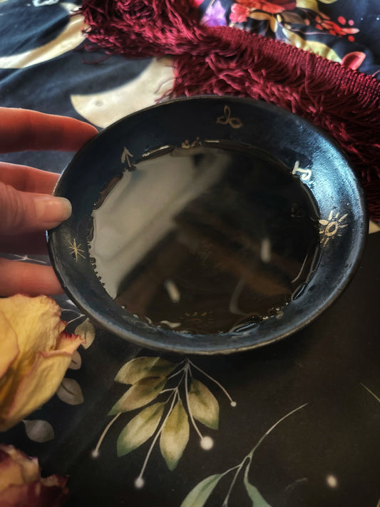 Matte Black Dishes w/ Gold Luster Witches Runes - For Scrying or Dinnerware