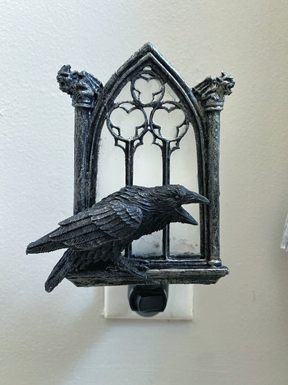 Raven and Window Nightlight, Hand Painted Resin Sculpture | Medieval Gothic Night Light | Poe’s Raven Lighting for Gothic Fantasy Home Decor