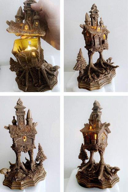 Baba Yaga Hut with Base and LED Tea Light Sculpture | Russian Folklore Figurine | Witch House Statue | Fantasy Art for Gothic Home Decor