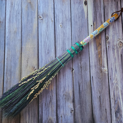 Hand Painted Decorative Round Broom – 24” Folk Art Broomcorn Besom